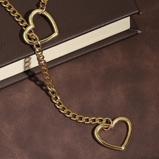 ZAKOL Adjustable Stainless Steel Cuban Link Necklace Hollow Heart Y-Shaped Necklace Punk Rock Style Party Accessories