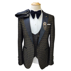Black and White Men's Suit 3-piece Gold Palace Print Road Wedding Costume Men