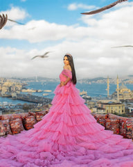 Homecoming Dresses: Prom Dress Pink Multilayer Luxurious Sweep Train Evening Dress