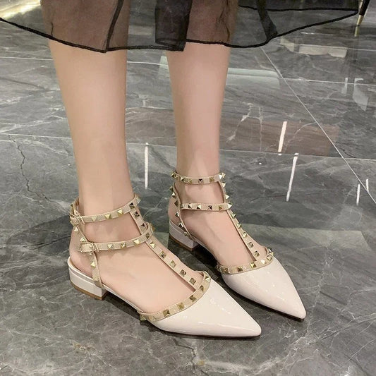 Studded Low Heel Ladies Square Heel Pointed Toe Shoes Women