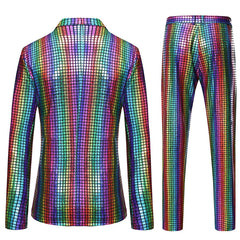 Mens Stage Prom Suits Shiny Rainbow Plaid Sequin Jacket Pants