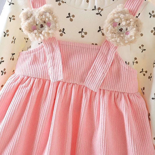 Kid Girl Long Sleeve Dress Floral Lovely Bear Corduroy Strap Style Dress Fashion