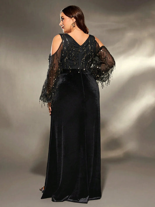 Mgiacy plus size Deep V cross neck off-the-shoulder sequin splicing velvet irregular lotus