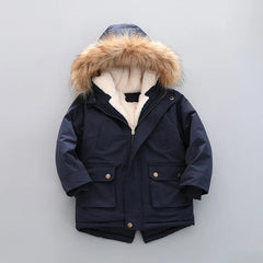 Winter Boys Jacket Windbreaker Keep Warm Thicken Fur Collar Girls Coat Hooded Children