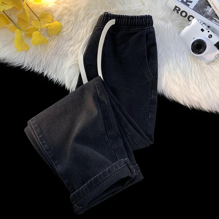 Men's Baggy Straight Drawstring Elastic Waist Personality Fashion Vintage Denim