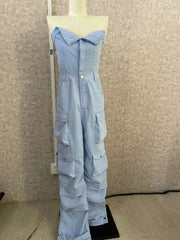 Fashion Women Strapless Button Front Ruched Cargo Jumpsuit