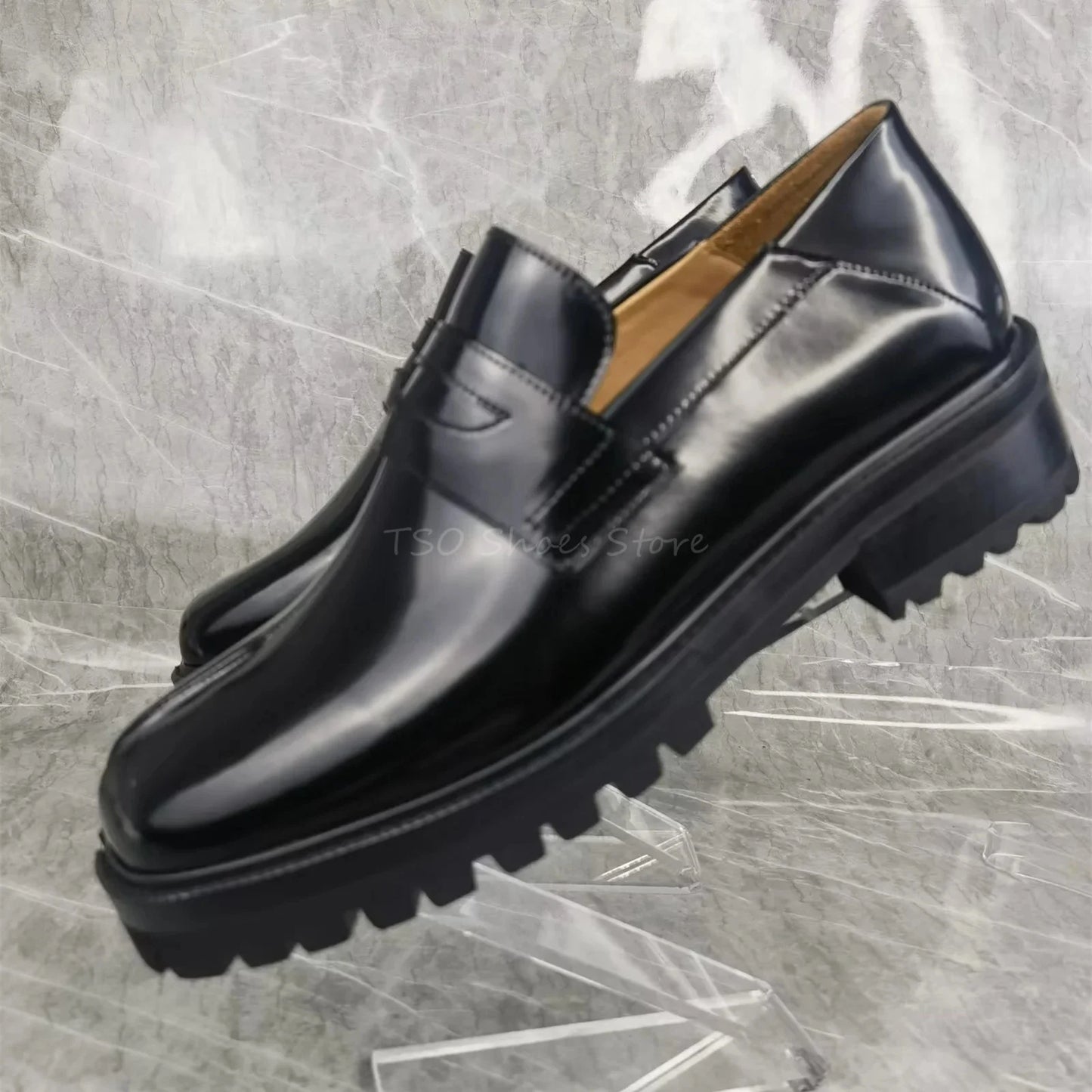 Split Toe Black Genuine Leather Shoes Loafers for Men Sheepskin Comfortable