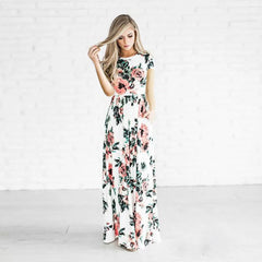 Pink Floral Print Boho Beach Dress Ladies Evening Party Long Dress Sundress
