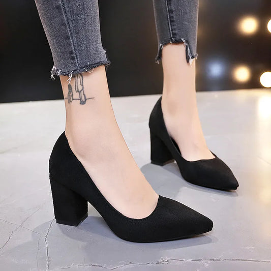 Women Pumps Flock Sweet Thick High Heels Female Office Pointed