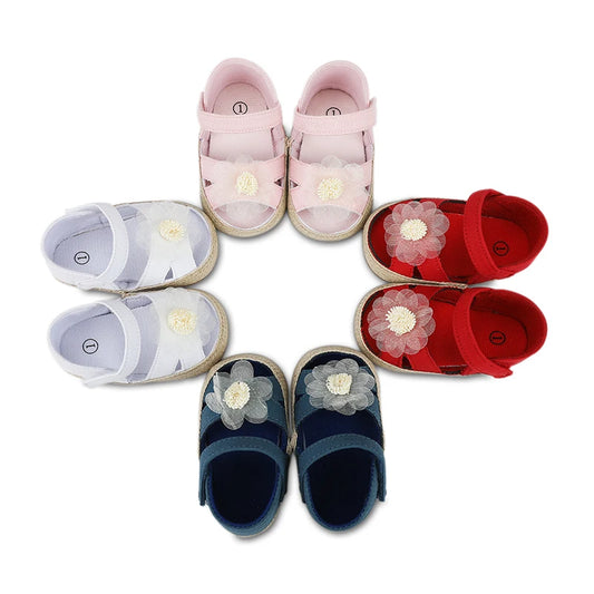 Baby Girls Sandals Cotton Solid Lace Flower Decor Princess Style Outing Shoes