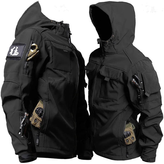 Outdoor Tactical Set Men Military Multi-pocket Hooded Work Jacket+Windproof Waterproof Fleece Cargo Pants Winter Sharkskin Suit