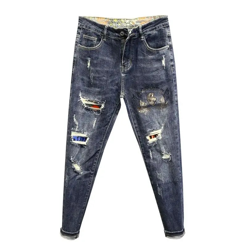 Trousers Tapered Broken Jeans for Men with Holes Male Cowboy Pants Ripped Torn