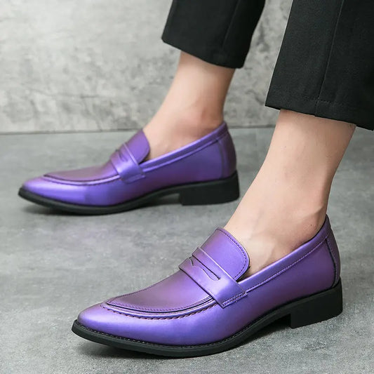 Fashion Purple Glitter Men's Dress Shoes Leather Pointed Slip-on Men Wedding Shoes