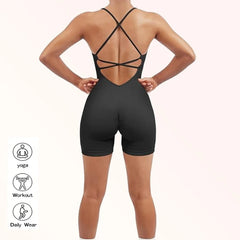 Yoga Criss Cross Backless Cami Sports Romper,Women's Jumpsuits Ribbed One Piece
