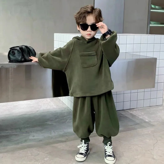 Boys' Cool-Style Autumn-Winter Polar Fleece Two-Piece Outfit