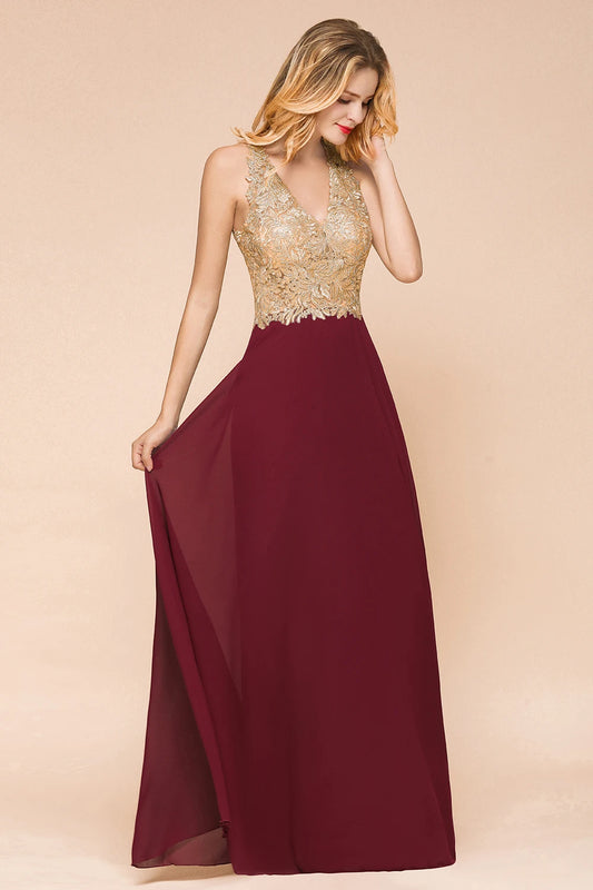 Homecoming Dresses: Gold Appliques Prom Formal Dresses for Women Wedding Party