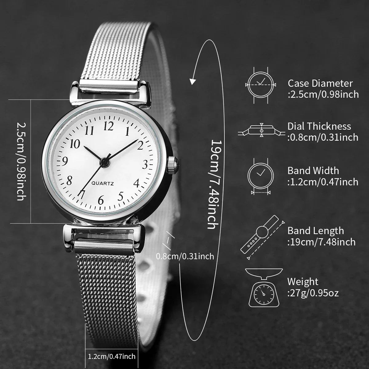 6PCS Women's Watch Fashion Arabic Dial Steel Mesh Band Quartz Watch Diamond Jewelry Set(Without Box)