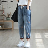 Ripped Splice Baggy Ankle-Length Harem Jeans Women Elastic High Waist Denim Pant
