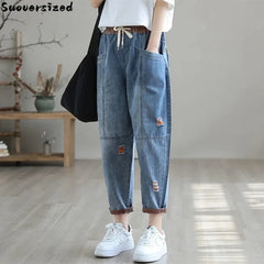 Ripped Splice Baggy Ankle-Length Harem Jeans Women Elastic High Waist Denim Pant