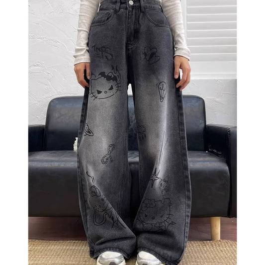 American Black High Street Casual Cartoon Print Wide Leg Pants for Women