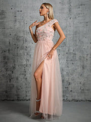 Homecoming Dresses: One shoulder pleated embroidery slit A set of gauze evening