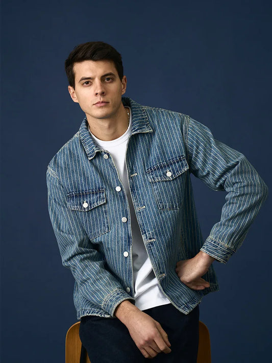 High Strandard Series 2024 Autumn New Oversize Fabric Vertical Striped Denim Jackets