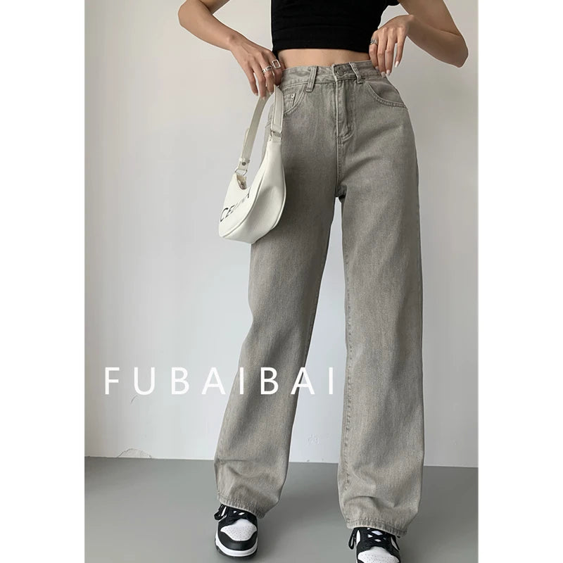 Grey Womens Jeans High Waist Vintage Straight Baggy Denim Pants