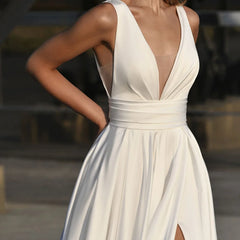 White Bridesmaid Dresses: A-Line Wedding Dress Satin Side Slit Floor Length