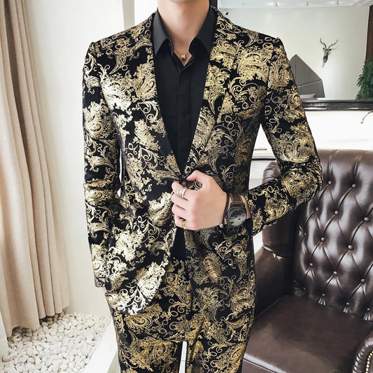 Tuxedo for Mens: Men's Suit Set Shiny Gold and Silver 2-piece Set Korean Fashion