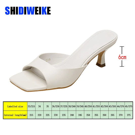 Square Toe High Heel Womens Slippers Summer Genuine Leather Prom Pumps
