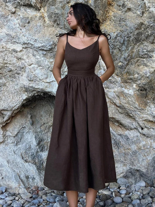 Backless Beach Dress For Women V Neck Splice Folds Long Dresses