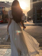 Summer Solid Pleats Long Dresses French Elegant V Neck Holiday Party Vestidos