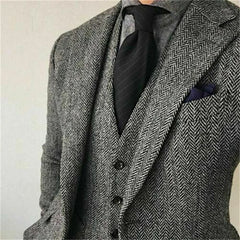 Men's Suit Brown Herringbone Pattern 3-piece Formal Jacket Pants Vest Business