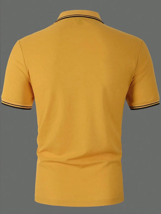 Men Horse Print Striped Trim Polo Shirt Short Sleeve Basic Modern Solid Color Golf Shirt Men's Clothing