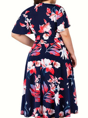 Plus Size Floral Print Cinched Waist Dress, Elegant Short Sleeve Dress
