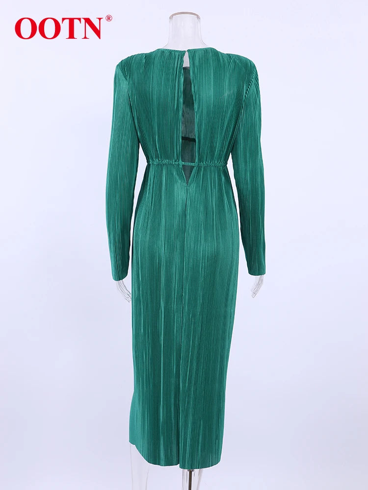 Evening Dresses: Women Pleated Party Dress Lady Slim Long Sleeve Midi Dress
