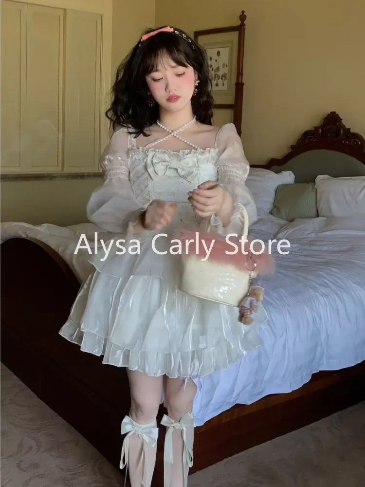 Formal attire Dresses: Sweet Fairy Lolita Dress Women White Mesh Elegant Princess