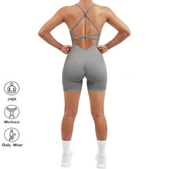Yoga Criss Cross Backless Cami Sports Romper,Women's Jumpsuits Ribbed One Piece