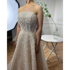 Homecoming Dresses: Beige Strapless Beaded Elegant A Line Long Evening Dresses