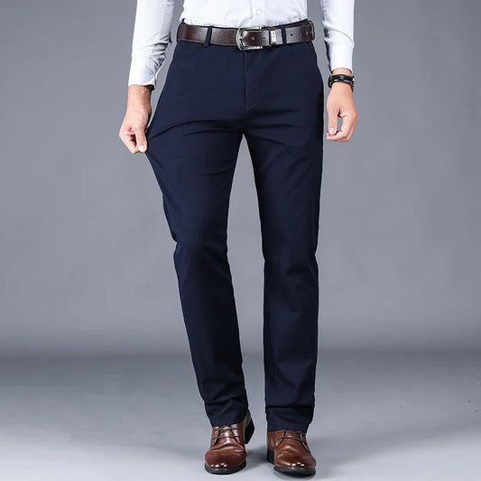 Cotton Casual Pants Men Classic Style Straight Loose High Waist Elastic Trousers