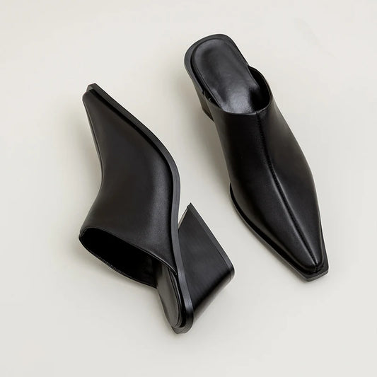 Ladies Genuine Leather Mules Fashion Med Chunky Heels Summer Wedges