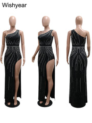 Evening Dresses: Elegant Skew Collar Side High Split Rhinestone Bodycon Long Dress