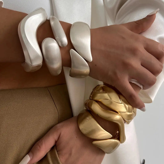 SHIXIN Vintage Design Matte Gold Color Metal Open Spring Bangles Women Irregular Geometry Wave Water Drop Wide Cuff Bracelet Men