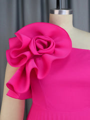 Pleated Party Dress Women Elegant Hot Pink Flower One Shoulder Midi Robes