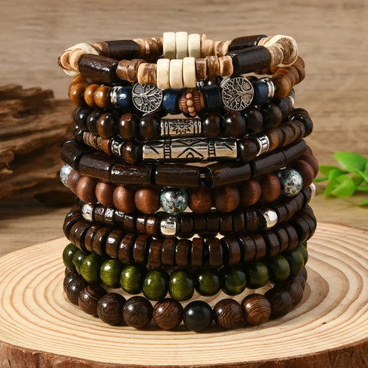 10PCS Bohemia Ethnic Beaded Bracelets For Men Vintage Multi Layer Wooden Beads Life Tree Beaded Bracelets Accessory Gifts Party