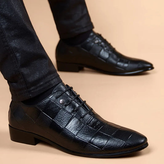 Men Oxford Brogue Genuine Leather Shoes Black Classic Style
