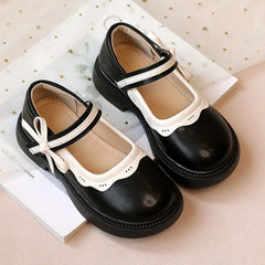 Girl Leather Shoes Bowtie Black Beige School Causal Children Flat Elegant