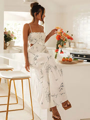 Evening Dresses: White Graffiti Print Sweet Hollow Out V Neck Tassel Sleeveless