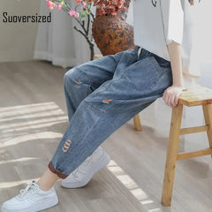 Ripped Splice Baggy Ankle-Length Harem Jeans Women Elastic High Waist Denim Pant