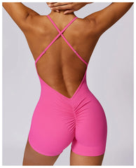 Women Fitness Jumpsuit Running Workout One Piece Yoga Suit Scrunch Butt Shorts